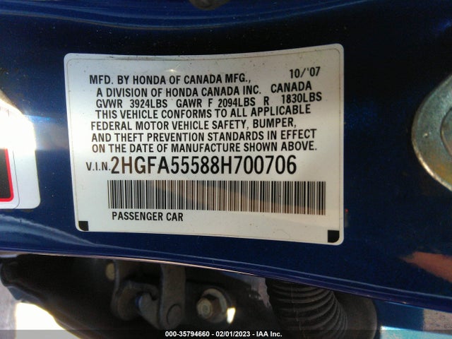 2008 HONDA CIVIC SDN SI VIN: 2HGFA55588H700706