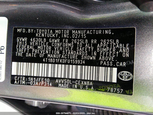 2015 TOYOTA CAMRY HYBRID LE/XLE/SE VIN: 4T1BD1FK0FU159934