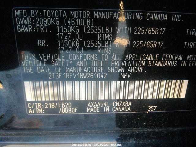 2022 TOYOTA RAV4 LE VIN: 2T3F1RFV1NW261042