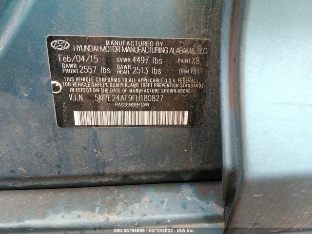 2015 HYUNDAI SONATA 2.4L SE VIN: 5NPE24AF9FH180827