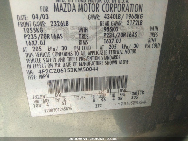 2003 MAZDA TRIBUTE ES VIN: 4F2CZ06153KM50044