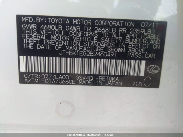 JTHBK1EG2B2460491 Lexus ES 350