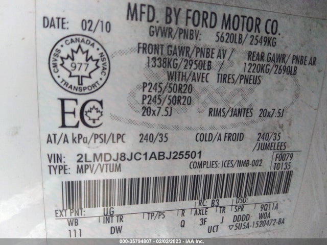 2010 LINCOLN MKX VIN: 2LMDJ8JC1ABJ25501