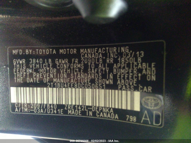 2013 TOYOTA COROLLA L/LE/S VIN: 2T1BU4EE8DC050651