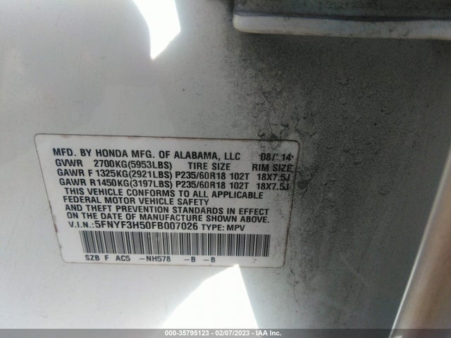 2015 Honda Pilot, VIN: 5FNYF3H50FB007026