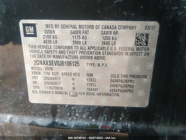 2GNAXSEV0J6106125 Chevrolet EQUINOX LT