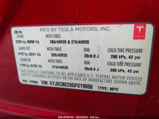 5YJXCBE20GF019008 Tesla Model X 70d/90d/75d/60d/p100d