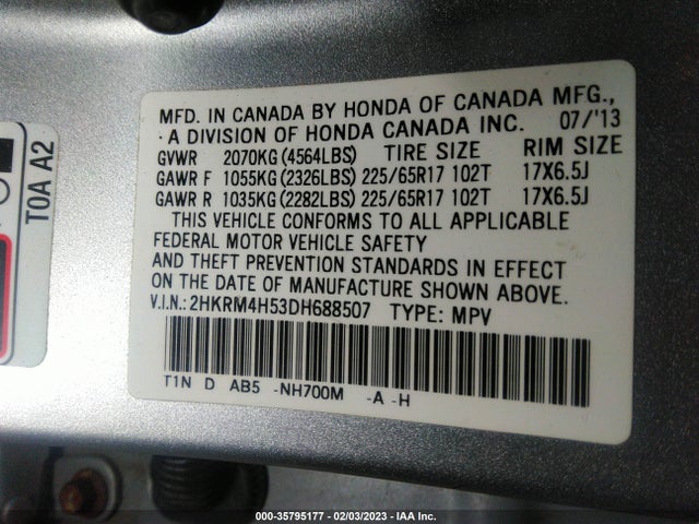 2013 HONDA CR-V EX VIN: 2HKRM4H53DH688507
