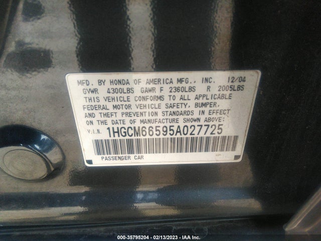 2005 HONDA ACCORD SDN EX-L V6 VIN: 1HGCM66595A027725