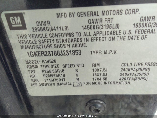 2008 GMC ACADIA SLT1 VIN: 1GKER23788J231853