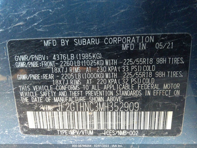 2021 SUBARU CROSSTREK LIMITED VIN: JF2GTHNC3MH352909