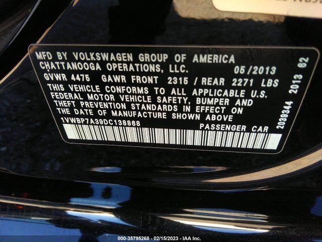 1VWBP7A39DC138868 Volkswagen Passat Se W/sunroof & Nav