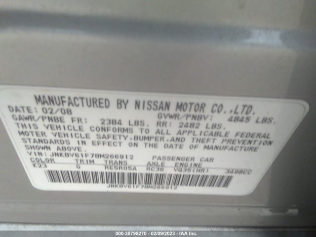2008 INFINITI G35 SEDAN X VIN: JNKBV61F78M266912