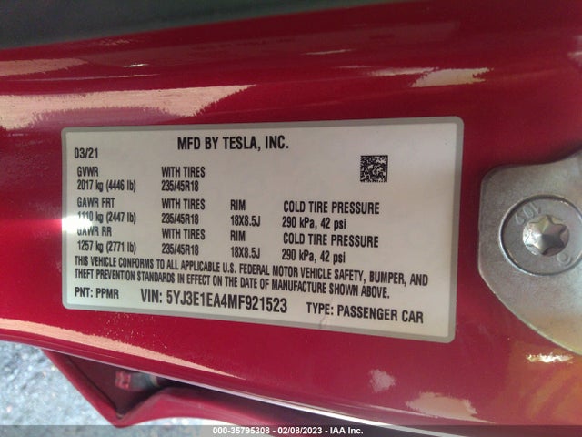Tesla Model 3 Standard Range Plus 2021 5YJ3E1EA4MF921523 Image 9