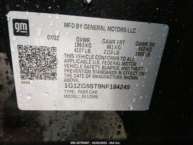 2022 CHEVROLET MALIBU RS VIN: 1G1ZG5ST9NF184245