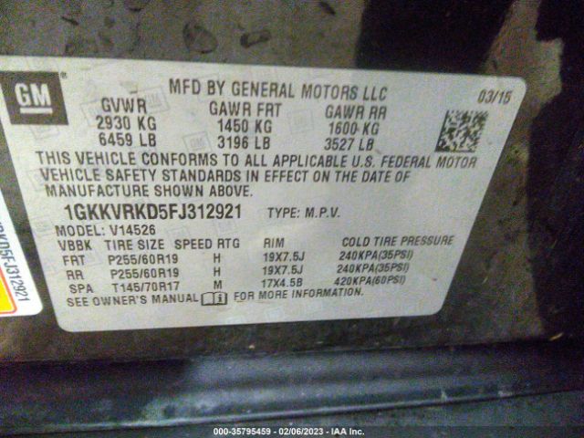 1GKKVRKD5FJ312921 GMC ACADIA SLT