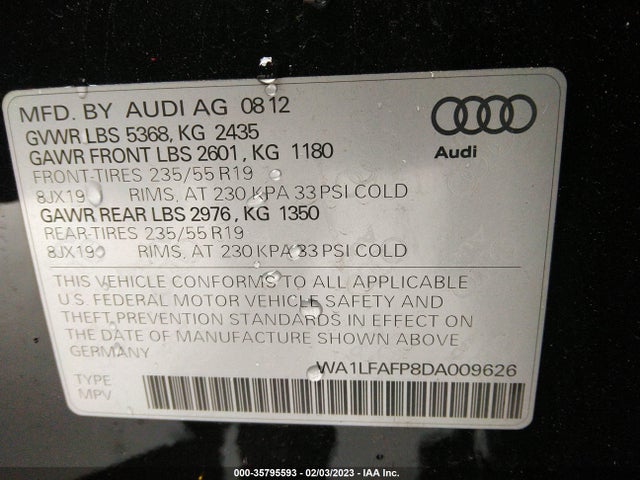 2013 AUDI Q5 PREMIUM PLUS VIN: WA1LFAFP8DA009626