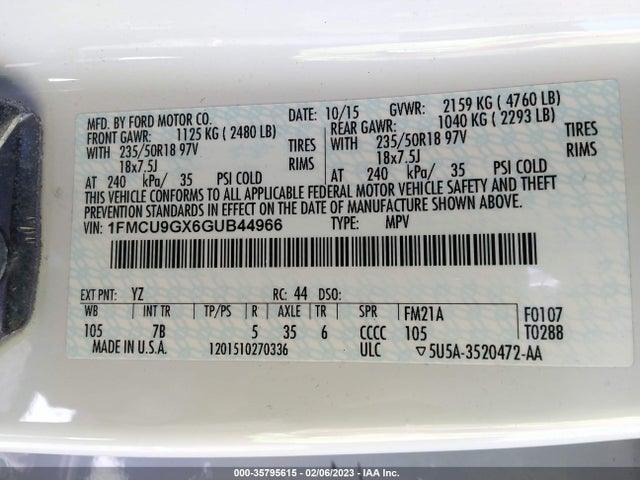 2016 Ford Escape, VIN: 1FMCU9GX6GUB44966
