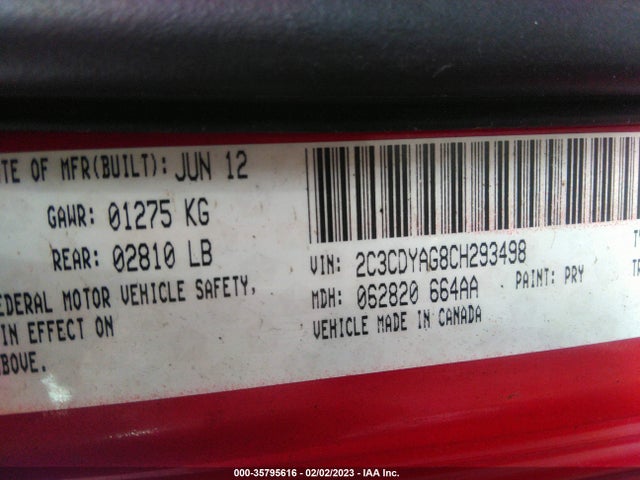 2012 DODGE CHALLENGER SXT VIN: 2C3CDYAG8CH293498