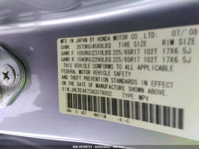 2008 HONDA CR-V EX-L VIN: JHLRE48738C079002