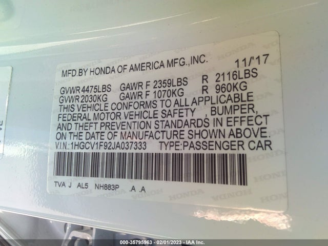 2018 Honda Accord, VIN: 1HGCV1F92JA037333