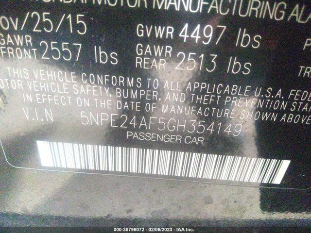2016 HYUNDAI SONATA 2.4L SE VIN: 5NPE24AF5GH354149
