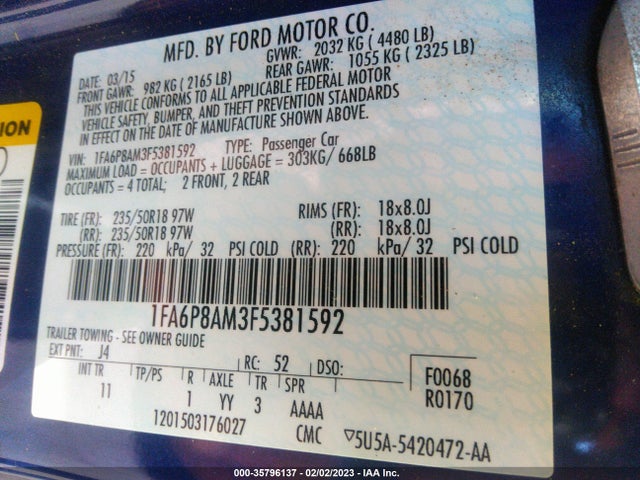 2015 Ford Fastback, VIN: 1FA6P8AM3F5381592