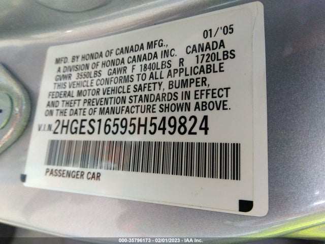 Honda CIVIC SDN 2005 2HGES16595H549824 Image 11