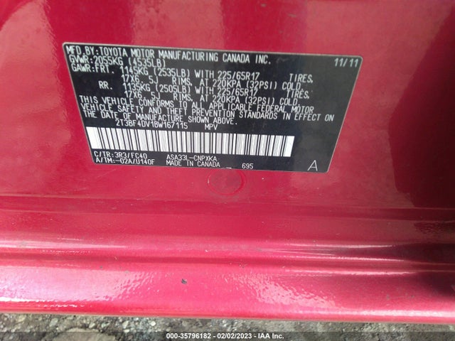2011 TOYOTA RAV4 VIN: 2T3BF4DV1BW167115