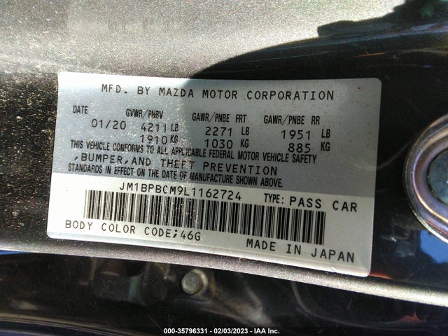 2020 MAZDA MAZDA3 SEDAN SELECT PACKAGE VIN: JM1BPBCM9L1162724