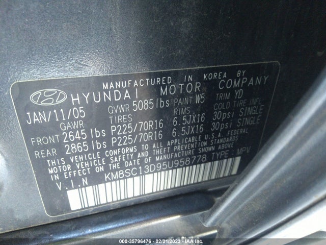 2005 HYUNDAI SANTA FE GLS VIN: KM8SC13D95U958778