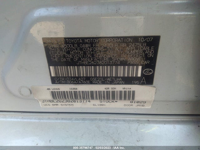 JTHBE262382013774 Lexus IS 350