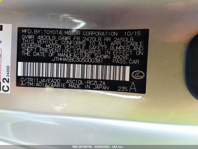 2016 Lexus RC, VIN: JTHHA5BC3G5000381