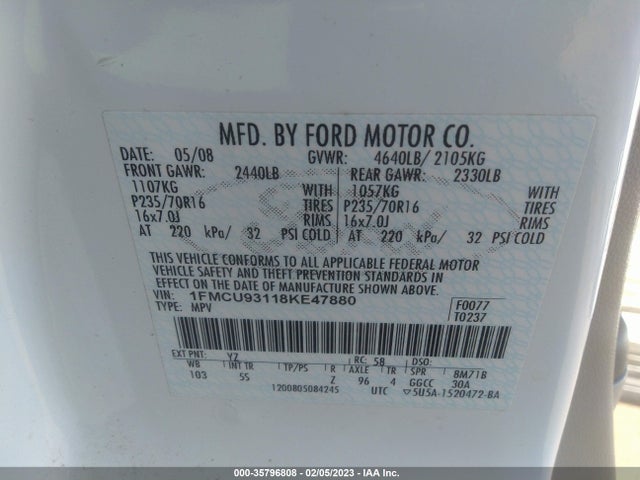 2008 FORD ESCAPE XLT VIN: 1FMCU93118KE47880