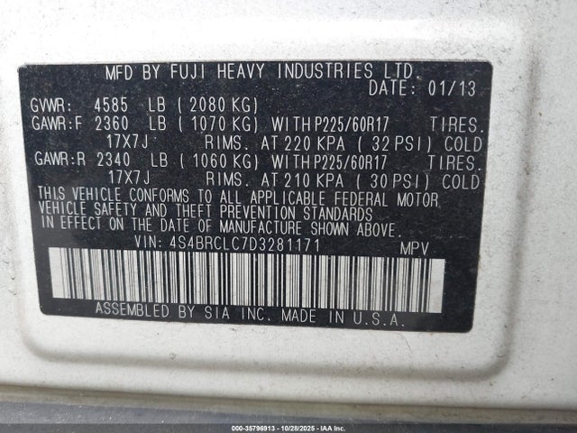 2013 SUBARU OUTBACK VIN: 4S4BRCLC7D3281171