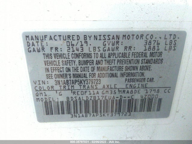2019 NISSAN SENTRA SV VIN: 3N1AB7AP5KY379723