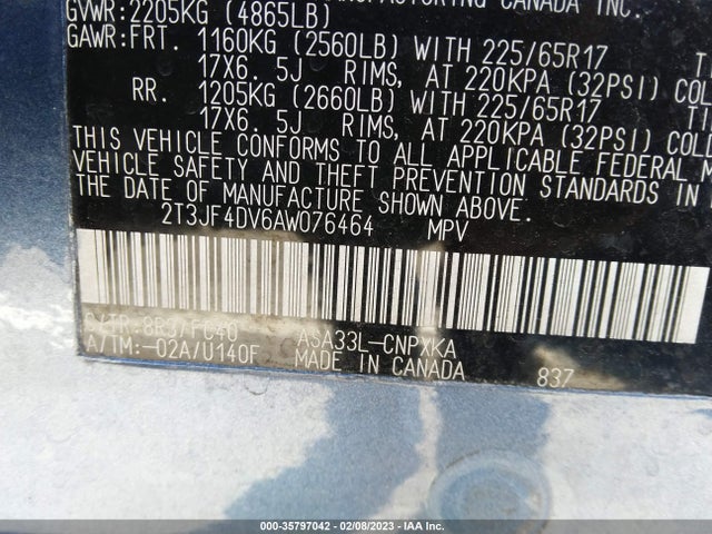 2010 TOYOTA RAV4 VIN: 2T3JF4DV6AW076464