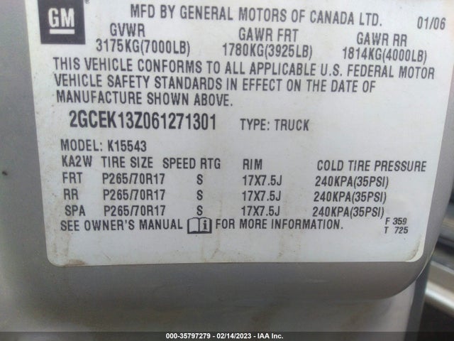 2006 CHEVROLET SILVERADO 1500 LT1 VIN: 2GCEK13Z061271301