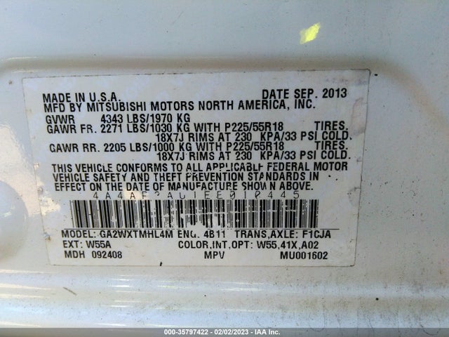4A4AP3AU1EE010445 Mitsubishi Outlander Sport Es