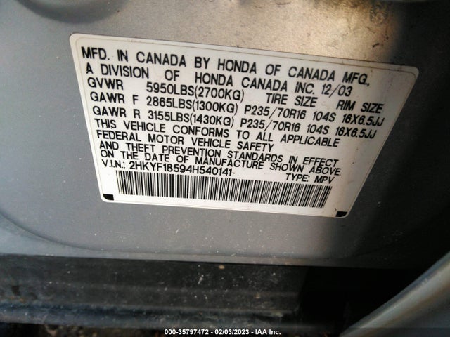 2004 HONDA PILOT EX VIN: 2HKYF18594H540141