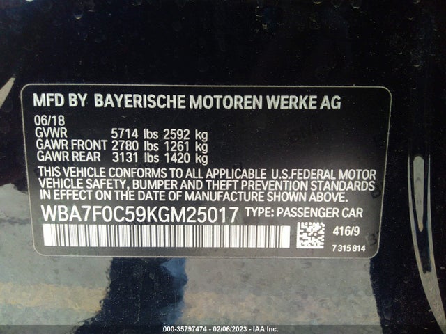 BMW 7 Series 750i 2019 аукцион фото