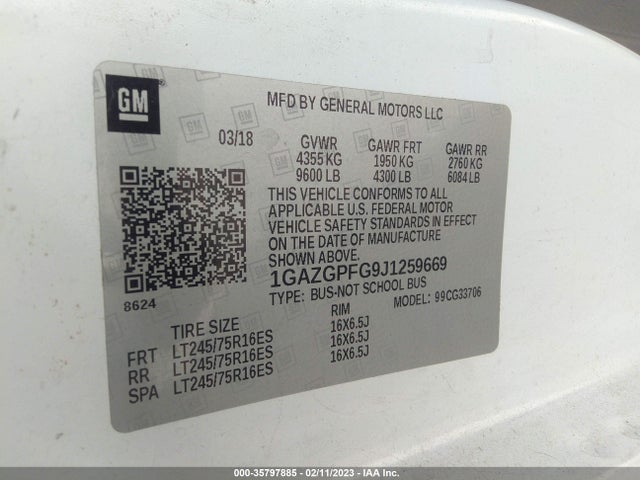 Chevrolet Express Passenger Lt 2018 1GAZGPFG9J1259669 Image 11