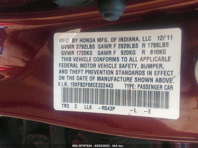 2012 HONDA CIVIC SDN EX VIN: 19XFB2F88CE322443