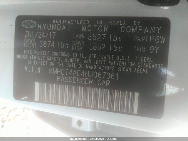2017 HYUNDAI ACCENT SE VIN: KMHCT4AE4HU367361