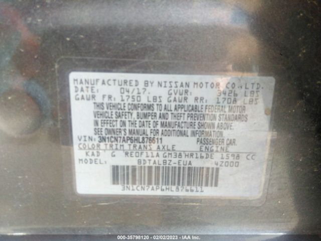 3N1CN7AP6HL876611 Nissan Versa Sedan Sv