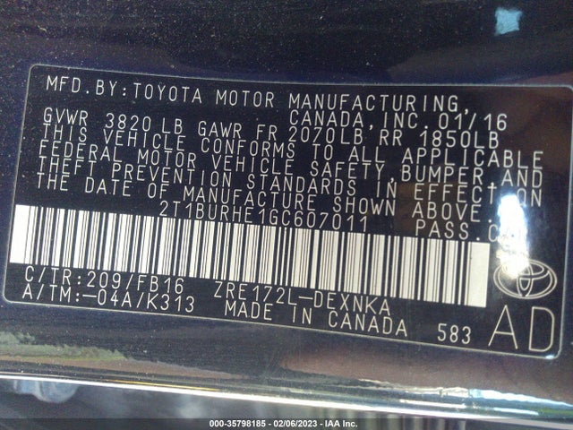 2016 TOYOTA COROLLA L/LE/S/S PLUS/LE PLUS VIN: 2T1BURHE1GC607011