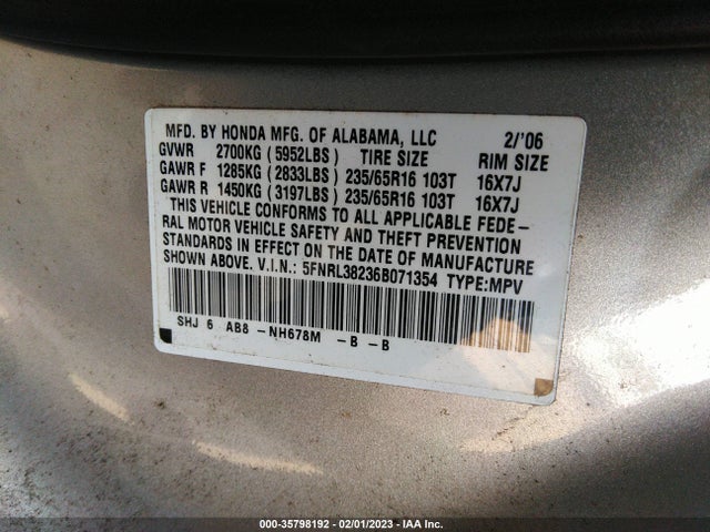 2006 HONDA ODYSSEY LX VIN: 5FNRL38236B071354