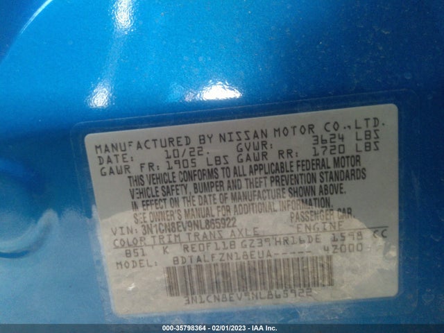 2022 Nissan Versa, VIN: 3N1CN8EV9NL865922