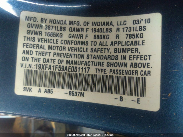 2010 HONDA CIVIC SDN LX VIN: 19XFA1F59AE051117