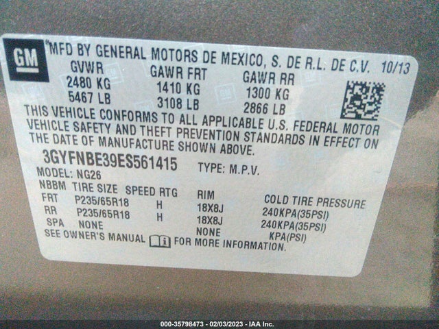 3GYFNBE39ES561415 Cadillac Srx Luxury Collection